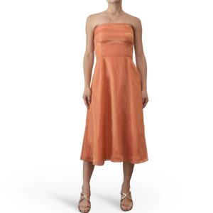 Orange Organza Strapless Midi Dress
